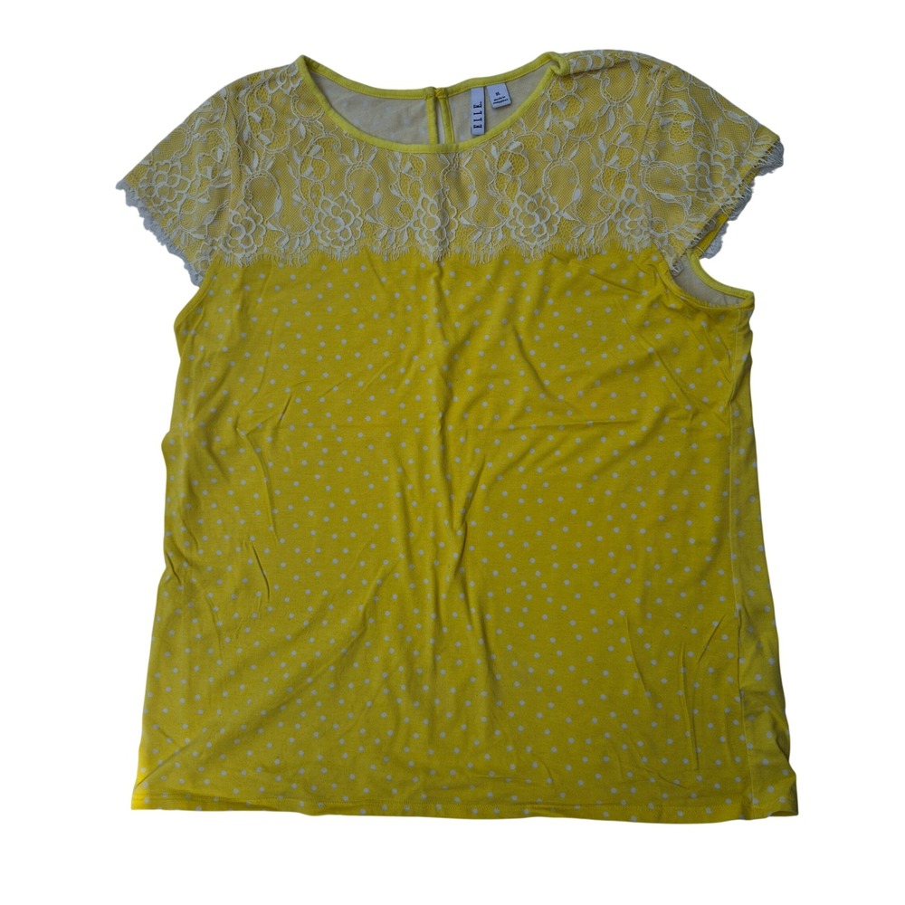 Elle Yellow Polka‎ Dot Lace Top Womens XL Short Sleeve Blouse Cottagecore